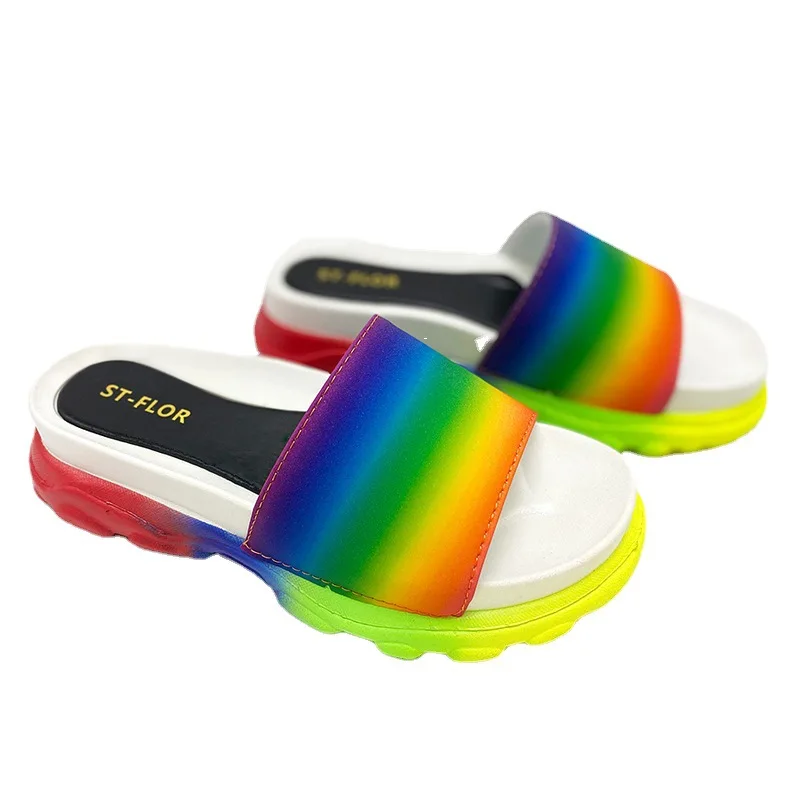 

Hot sell candy color sequined platform heel high quality rainbow slippers platform sport slide sandals