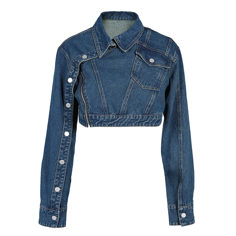 

2023 Bettergirl Autumn New Dark Denim Short Spice Design Sense Of Small Jacket Irregular Zipper Button Denim Jacket