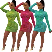 

A91090 Sexy fashion lady Fluorescent color long sleeve printing casual bodycon club mini dress for women fall clothes 2019