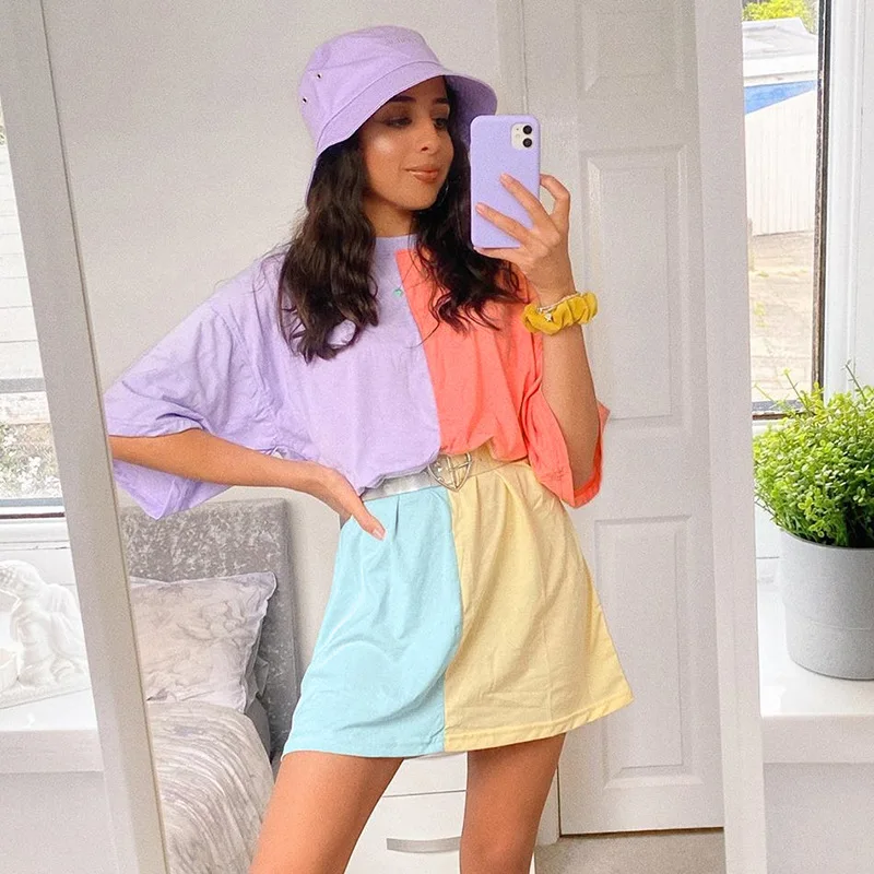 

Trendy New Collection Contrast Loose Cotton Collar Woman Wear 2020 Casual Oversized Tshirt Dress, Customized
