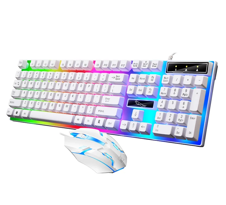 

Hot sale fashion ergonomic multimedia keyboard mouse combos rainbow backlight 104 keys keyboard