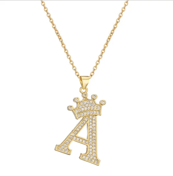 

Custom Letter Initial Diamond Crown Pendant Gold Necklace Zircon Stainless Steel Initial Name Necklace Personalised, Gold color