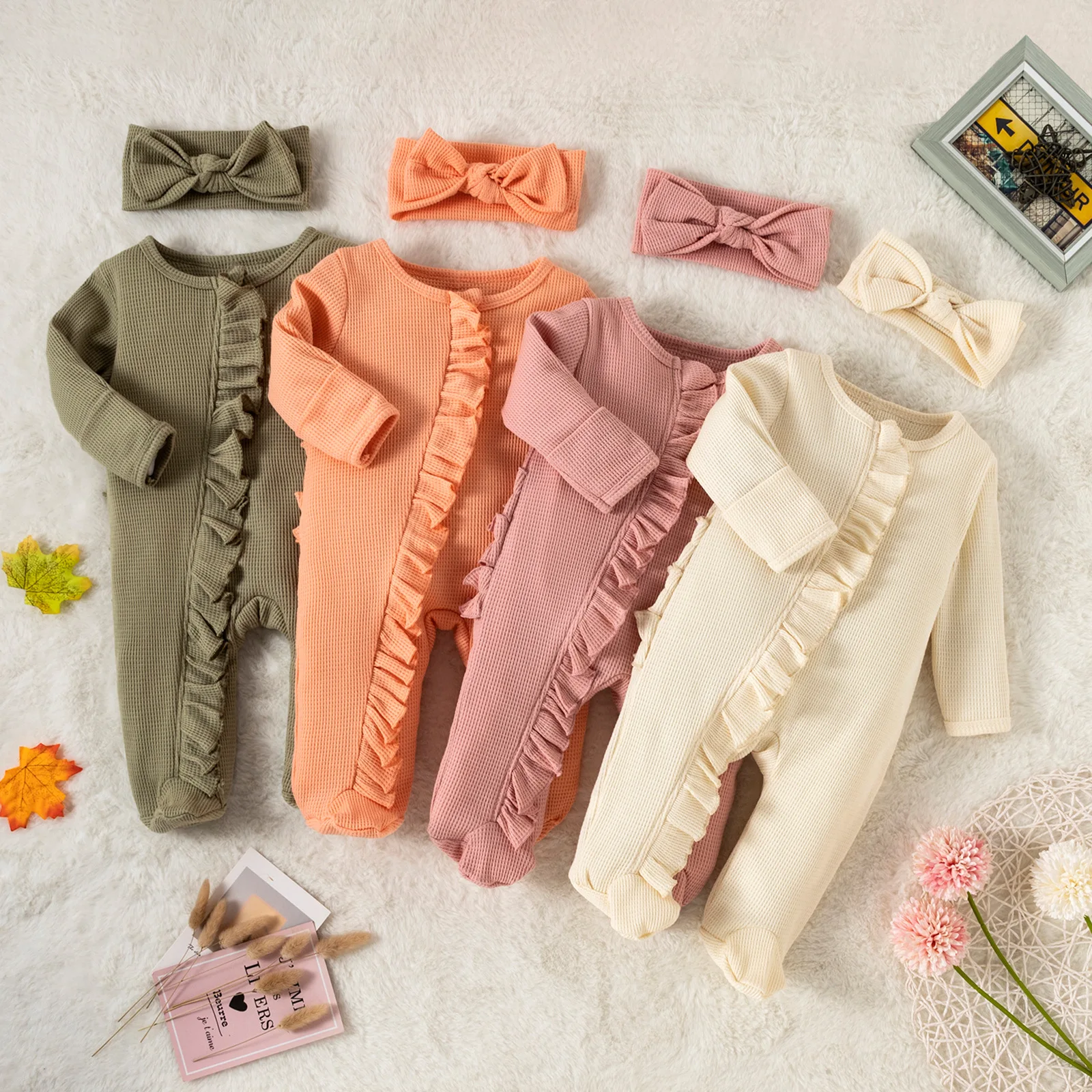 

Newborn Waffle Cotton Sleepwear Solid Color Pajamas infant zipper romper Long Sleeve onsies Ruffle Baby Jumpsuit Footie, Photo showed and customized color