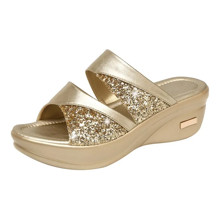 

2020 summer casual slip on wedge slippers sandals for lady, Gold, gray