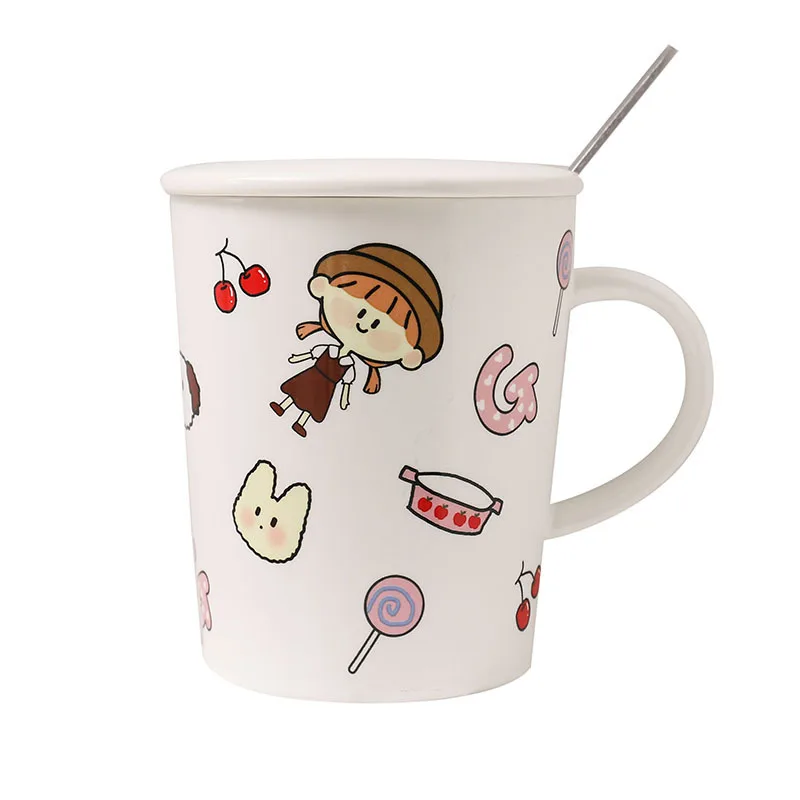 

OEM OEM cartoon printing young ceramic mug Office coffee mug with lid and spoon Cute student gift mug