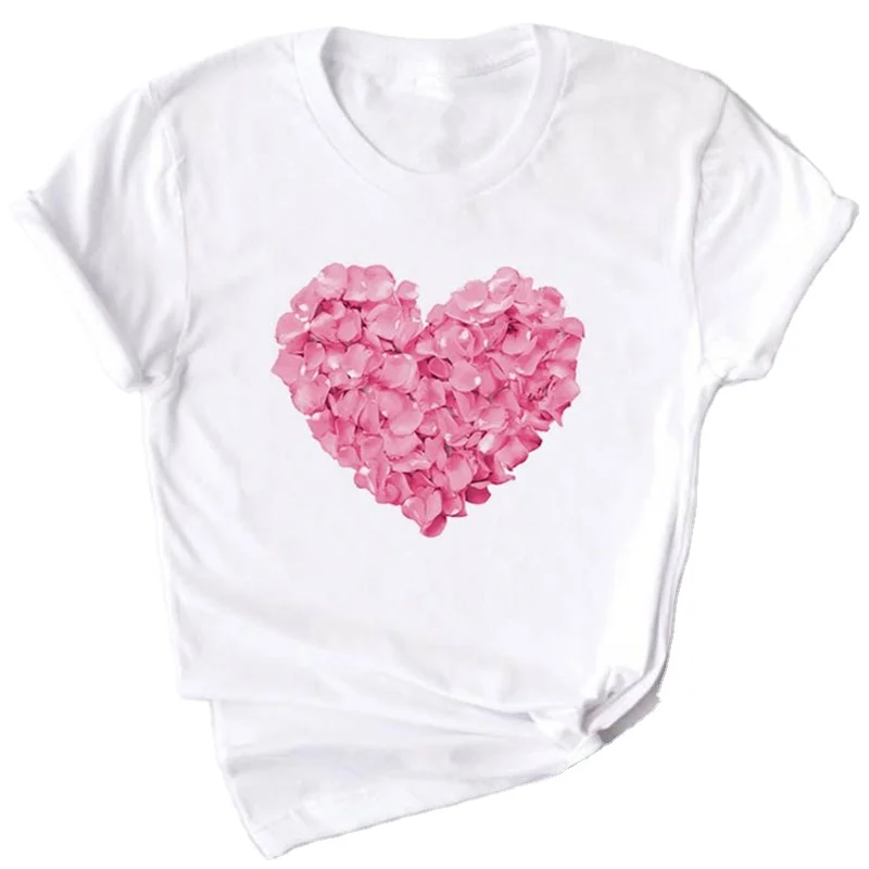 

Pink heart-shaped flower print women's t-shirt quality casual funny t-shirt