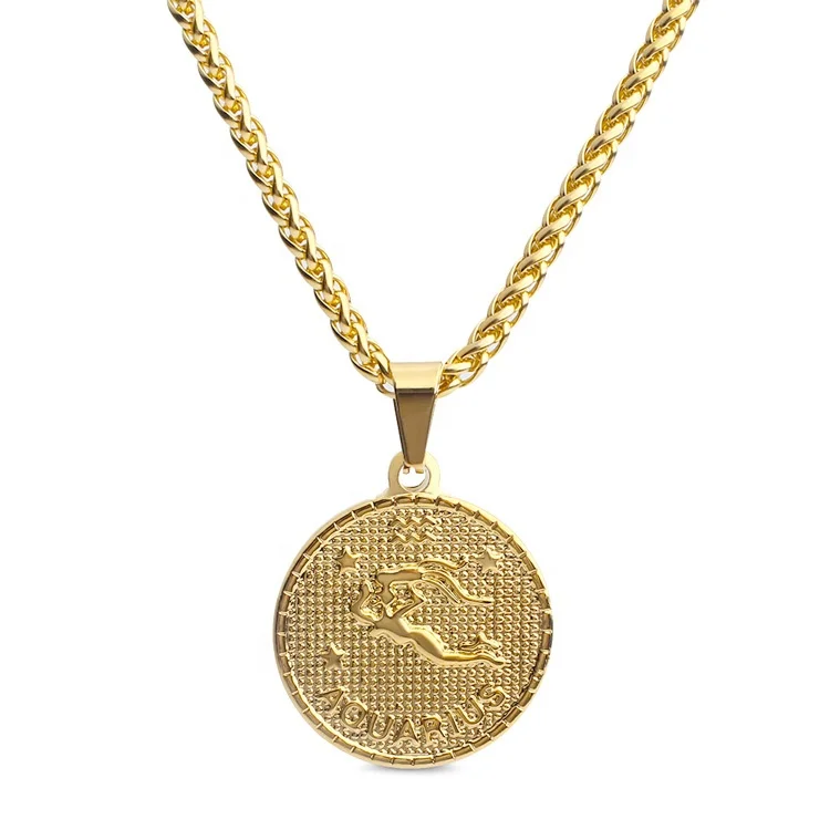Stainless Steel Gold 12 Zodiac Signs Symbol Horoscop Coin Pendant Chain Necklace