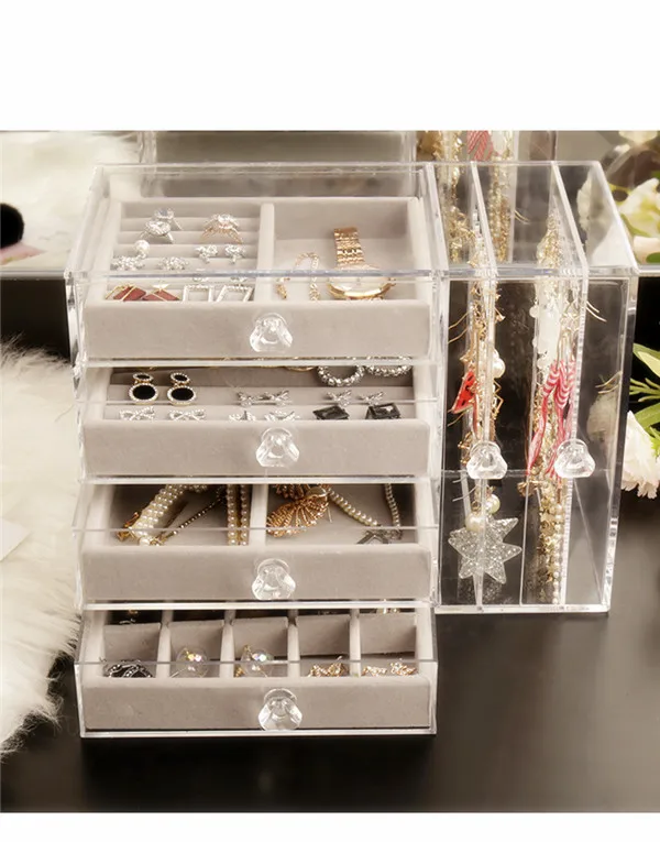 

2 sliding acrylic jewelry organizer storage transparent velvet jewelry storage tray earring ring display box