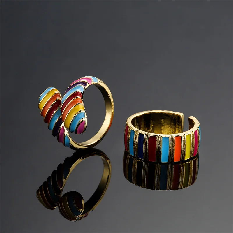 

European Style Real Gold Plating Colorful Enamel Open Rings Adjustable Multi Color Oil Drip Irregular Rings For Women Girl