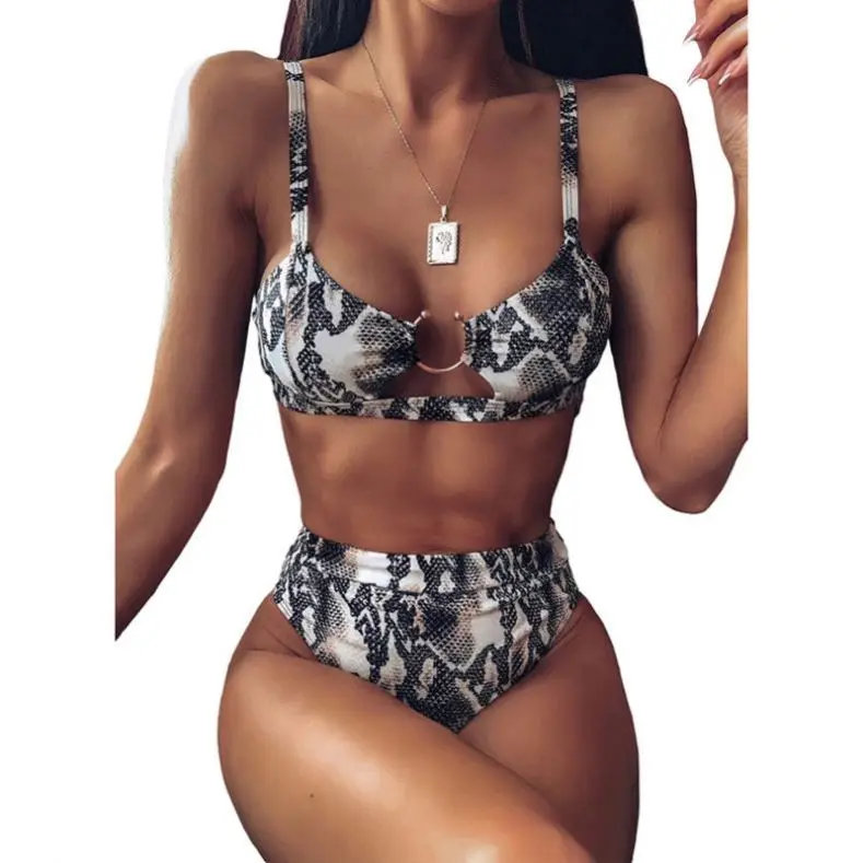

2021 Fashion Summer Snake Printed Beach Wear Two Piece Bikini Sexy High Waisted Swimwear, Accepted customized snake print bikini