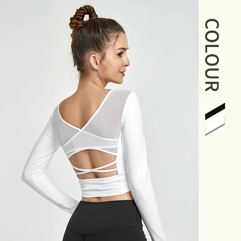 

Wholesale Crew Neck Workout Sport Wear Mesh Tank Tops Breathable Back Hollow Out Long Sleeve Yoga Top For Women Gym Training