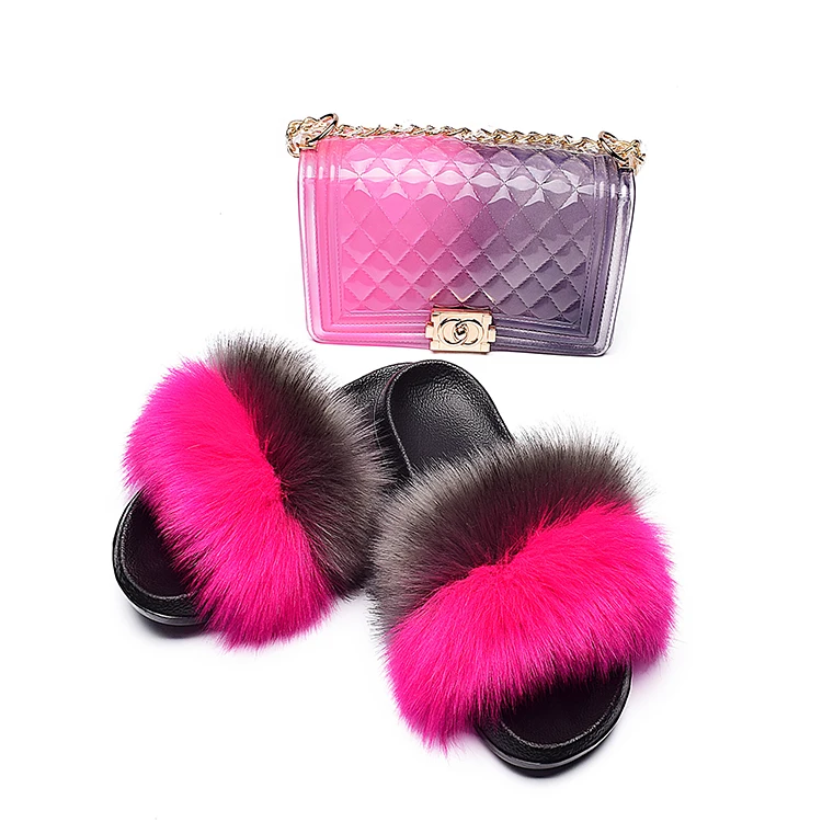 

2021 Factory Price Fluffy Slippers Children Shoes Kid Sandals Raccoon Fur Slides Jelly Bag Purse Set