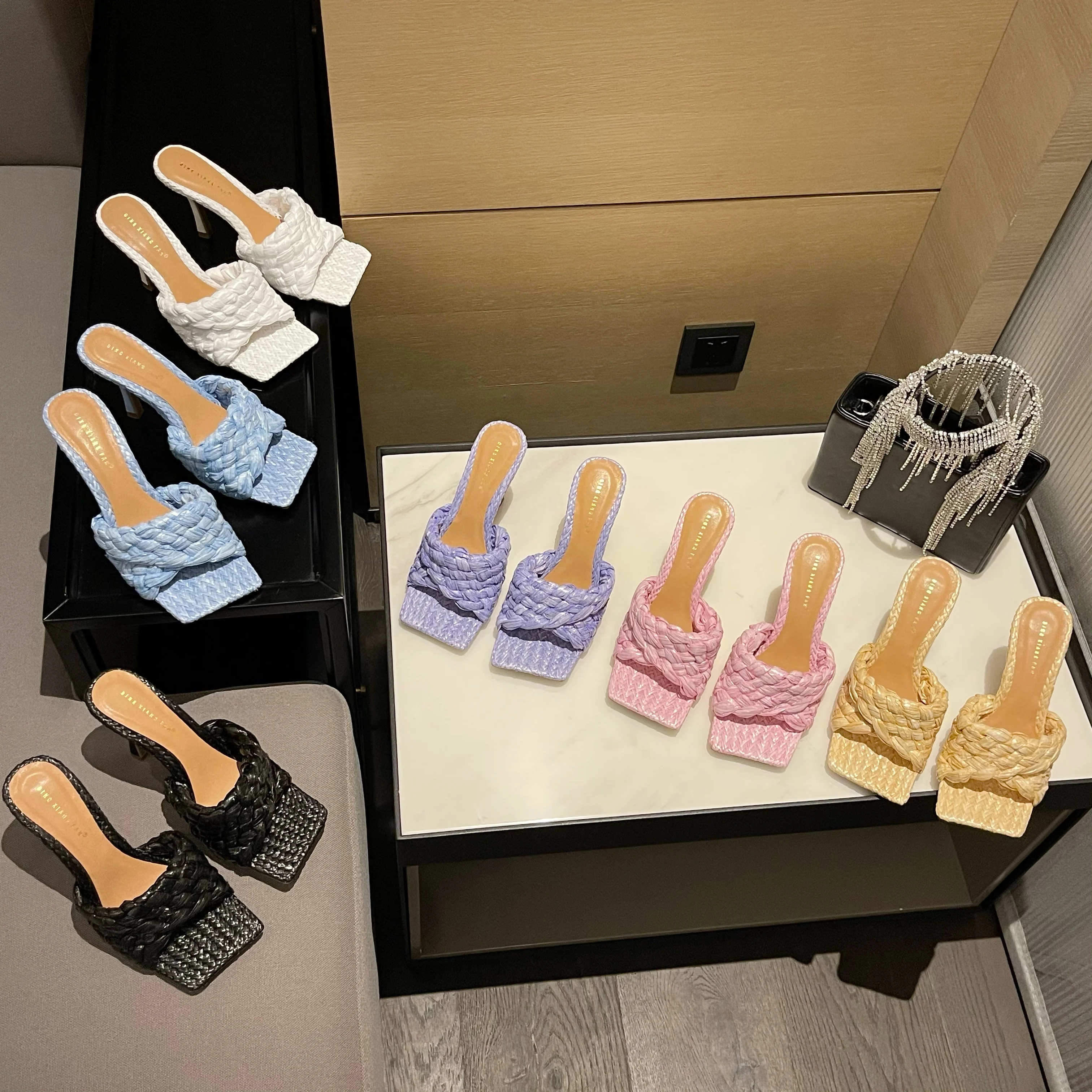 

European and American new products show rattan woven high heel sandals Fashion Square Head pure color thin heel sandals