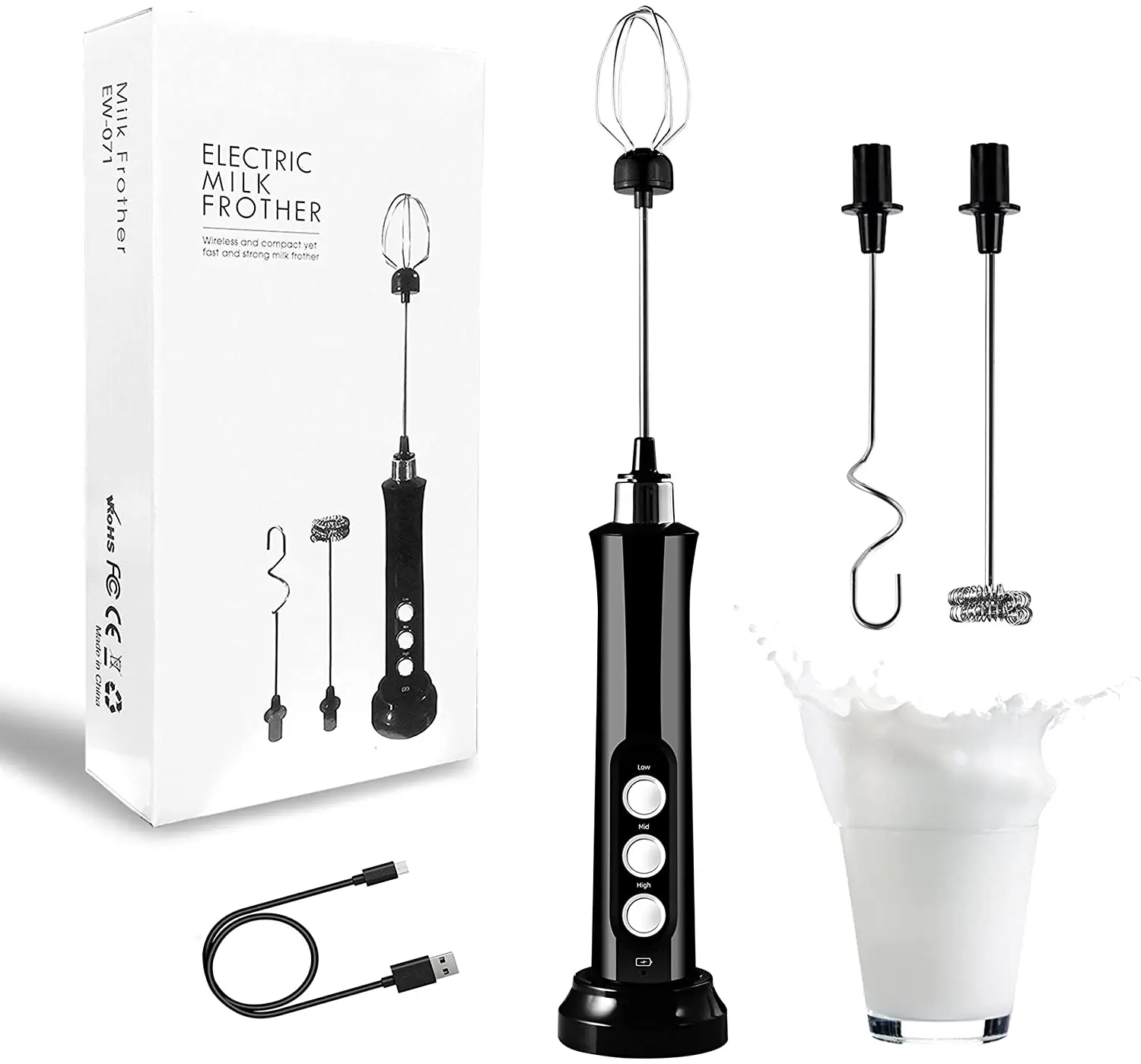 

amazon top seller hand operated usb rechargeable electric milk frother 2021, White & black