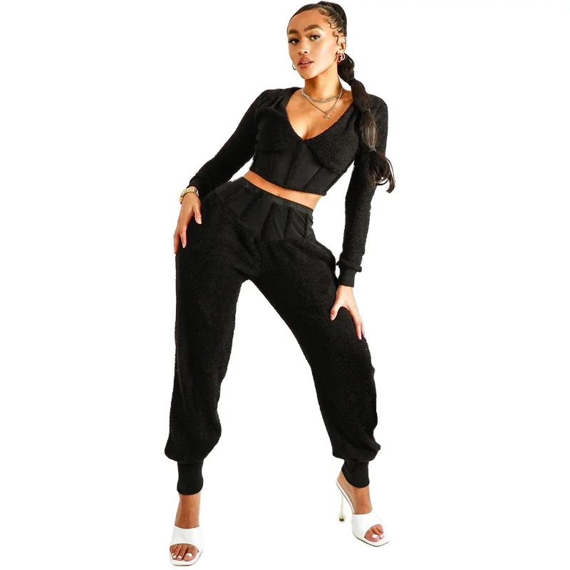 

2021 new arrivals spring designs women contrast panel deep V neck top with full length casual pants sets
