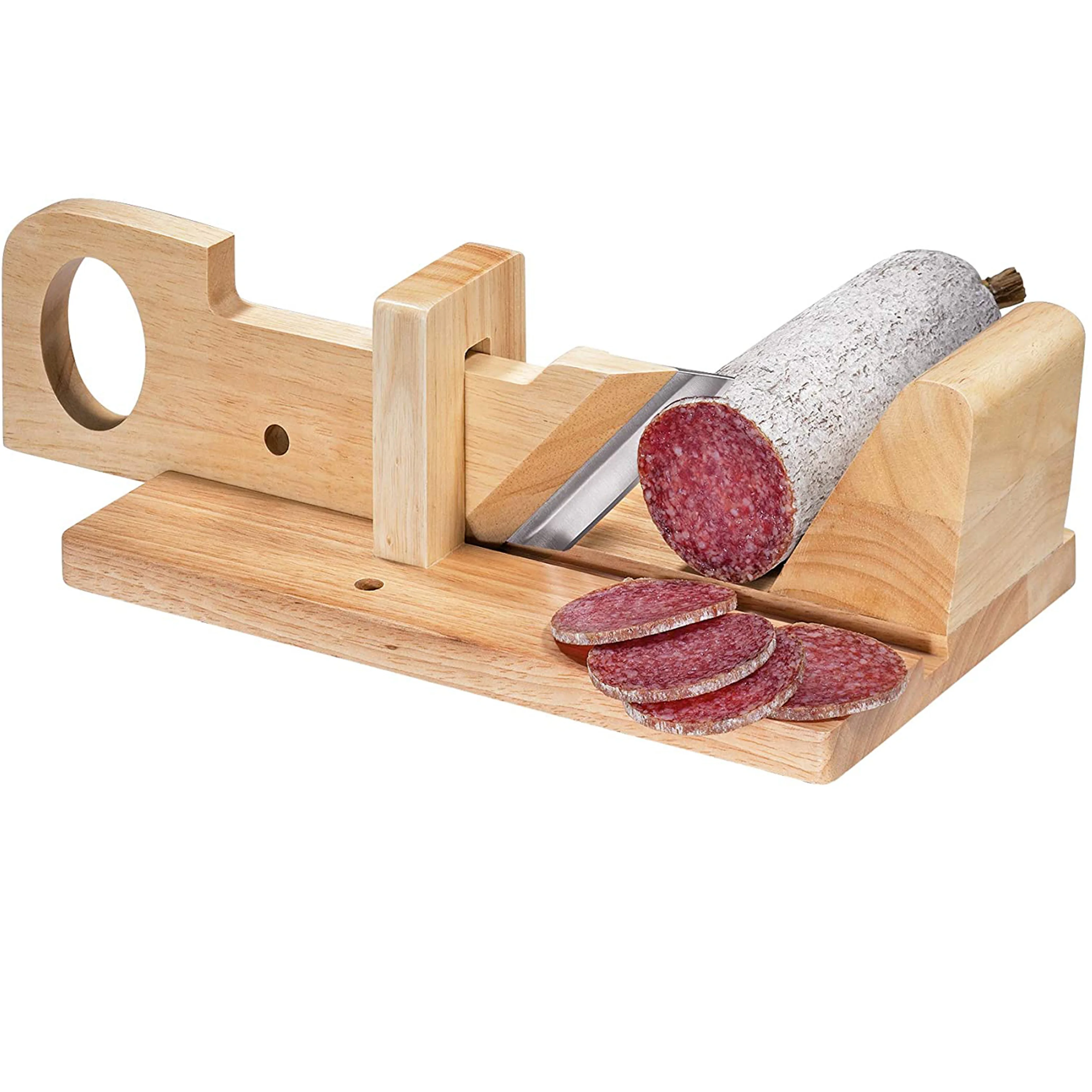 

New Stylish Wood Bamboo Sausage & Chorizo Guillotine And Cheese Slicer, Natural