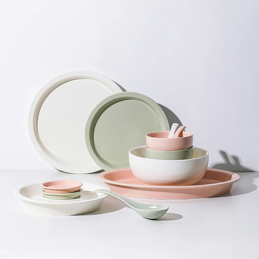 

Factory wholesale cheap restaurant household bowl spoon dish tableware set porcelain ceramic dinner plates dinnerware sets, White green pink