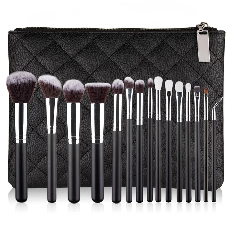 

15PCS Taklon Synthetic Brushes China Personalised Complete Pro Makeup Brush Set Matte Black Custom Logo With Bag