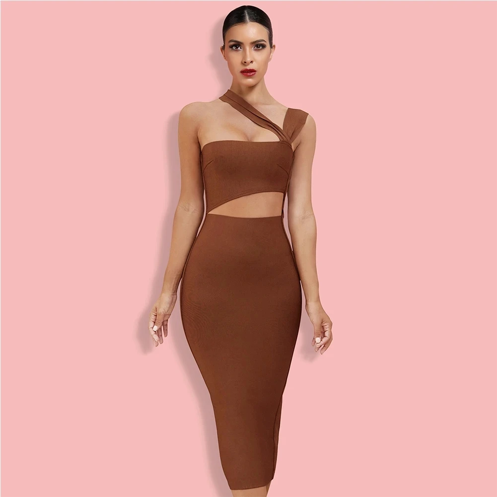 

OEM Brown Sleeveless Halter Cutout Ropa Mujer Vestido De Gala Vestidos Cortos Vestido Mujer XL XXL XXXL Bandage Dresses Women