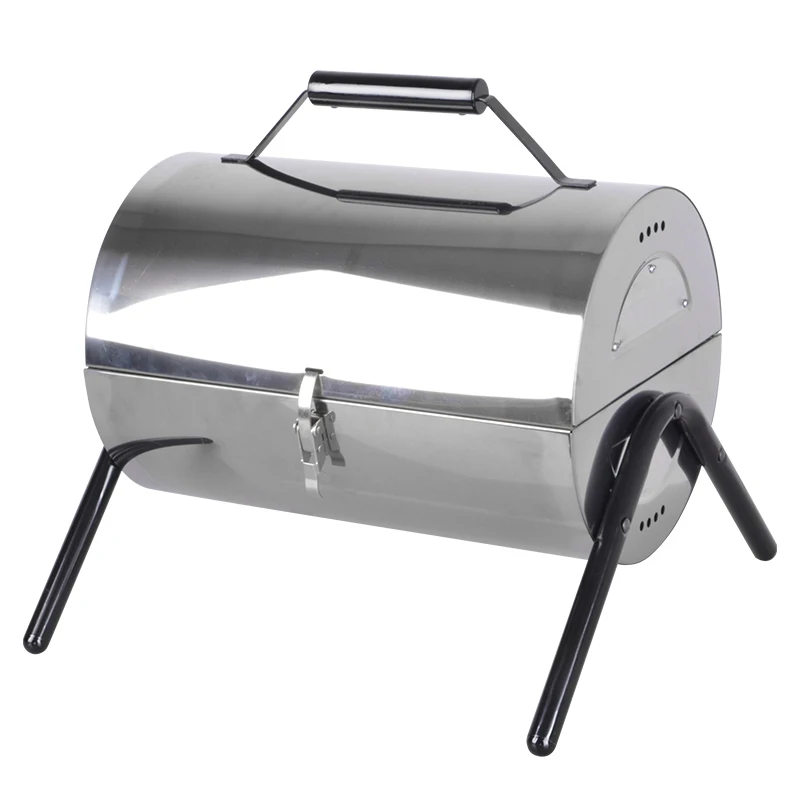 

Outdoor Foldable Mini Barrel Portable Stainless Steel Charcoal BBQ Grill, Sliver