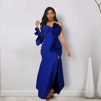 

Ruffled High Split Maxi Backless Blue Big Bowtie Women Cocktail Dress