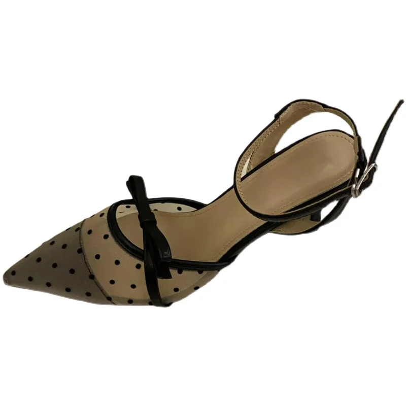 

Brand shoes cap toe high heel women pumps polka dot print ribbon detail pointy toe mesh upper buckle strap lady footwear