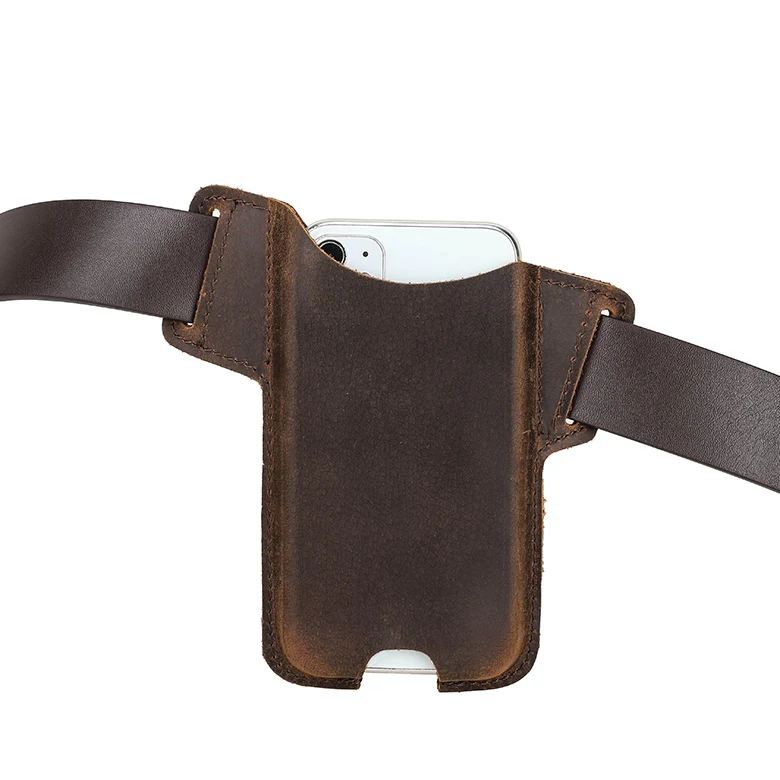 

CONTACT'S FAMILY Men's Portable Sports Running Mobile Phone Storage Waist Belt Bag Crazy Horse Cell Phone Leather Case Luxury