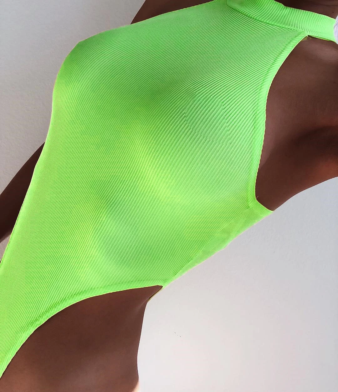 2019 summer ribbed sleeveless body neon green high waist party bodycon bodysuits for women