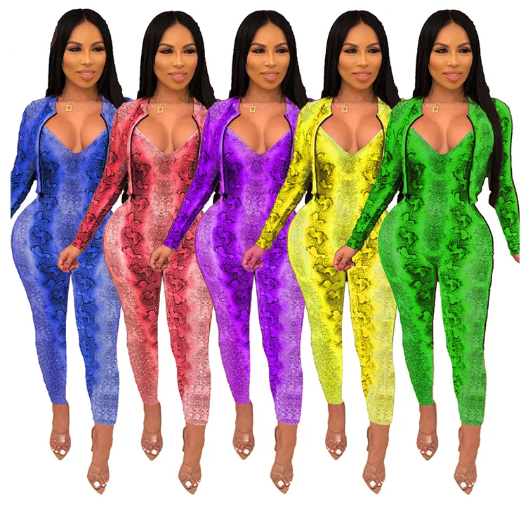 

*GC-T039 2020 new arrivals design fashion snakeskin Wholesale sexy print coat bodycon jumpsuits Women Clothing Two Piece Sets, Yellow, purple, blue, fuchsia, green