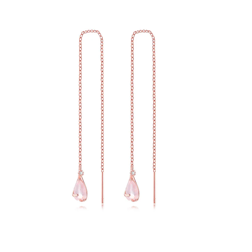 

Stock Minimalist Silver 925 Flower Petal Rose Quartz Gemstone Drop Threader Long Chain Earrings EI114