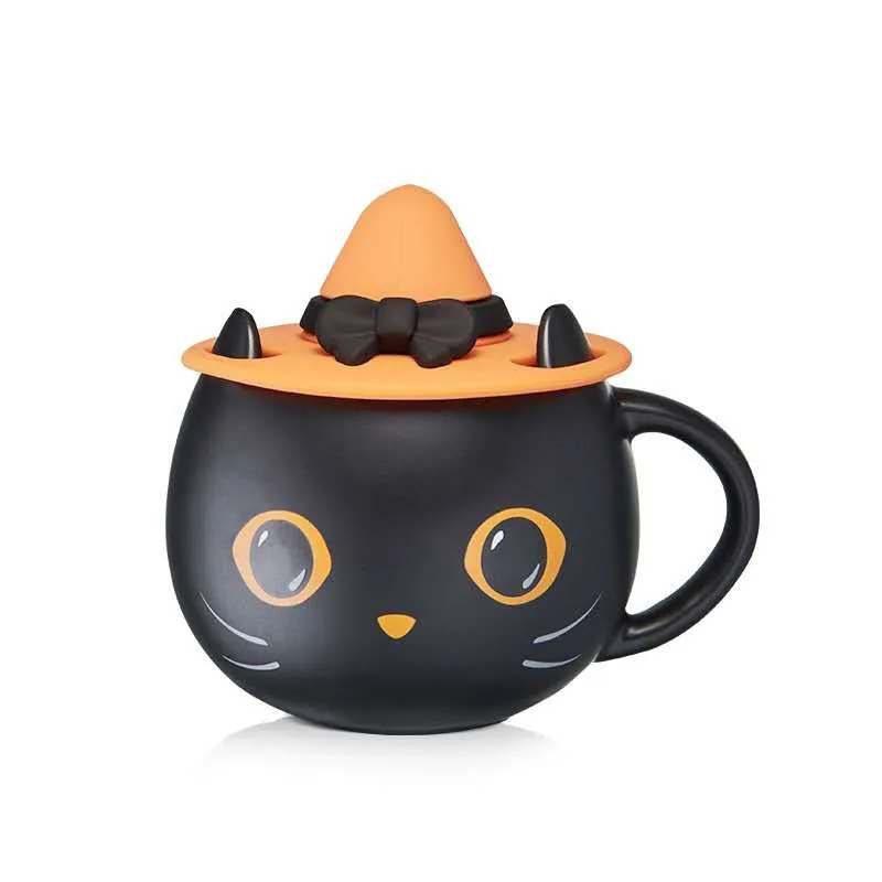 

Feiyou 2021 cartoon cute Halloween secret Black Cat Ceramic mug black matte with handle and lid, Customized color