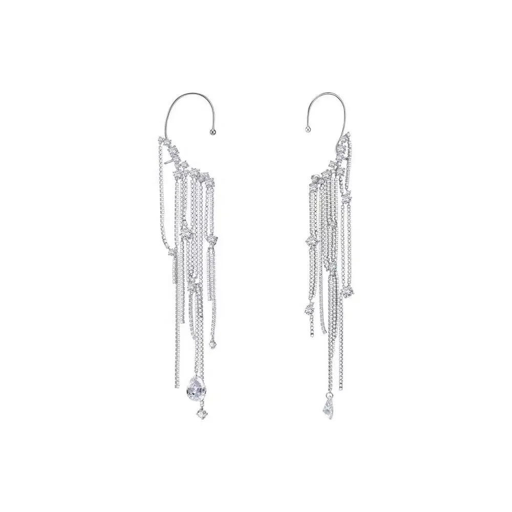 

Explosive designer new fashion zircon tassel earrings party girlfriend anniversary gift single gem tassel ear clip earrings, Silver color