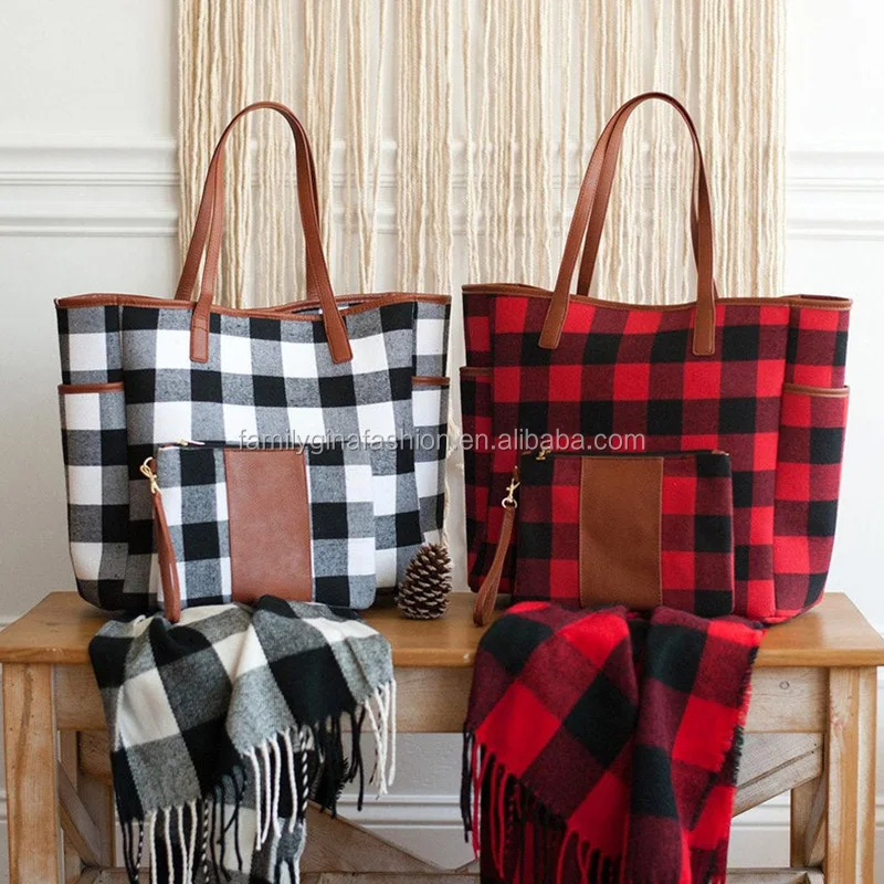 

Custom Buffalo Plaid Canvas Handbag Purse With Wristlet Bag Women Leopard Leather Tote Bags, As pics show