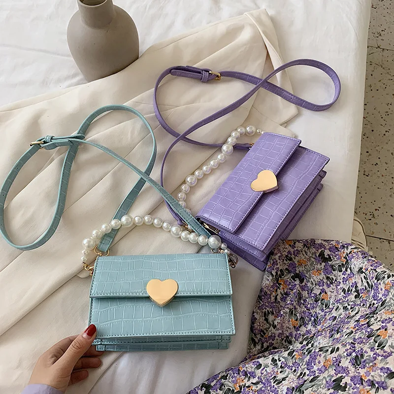 

Wholesale fashion new design ladies bags stone pattern pu leather pearl handle purse heart decoration 2021 handbags for women, 4colors