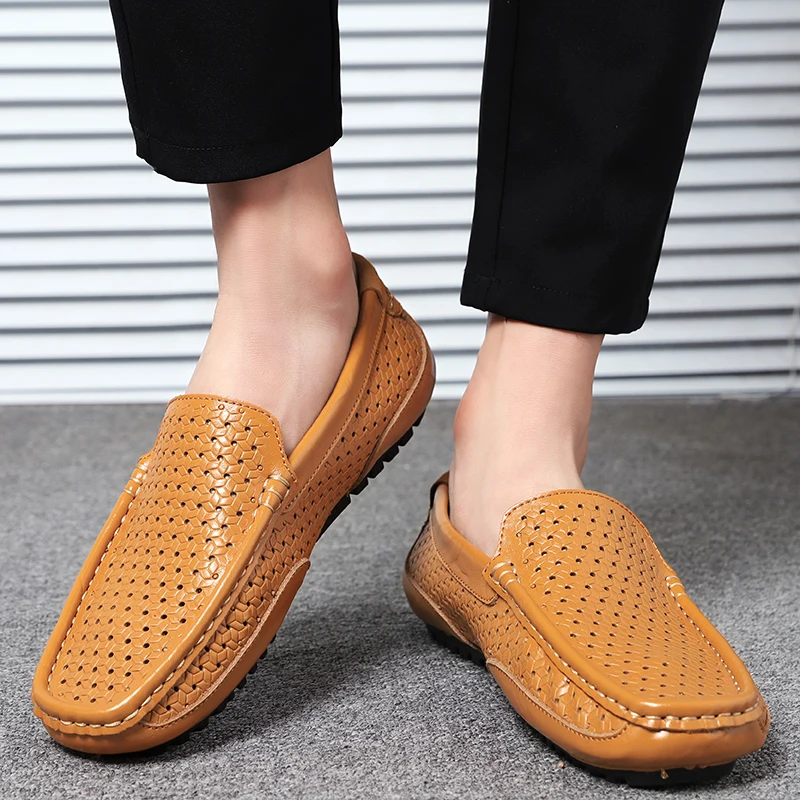 

Men Loafers Moccasins Italian Breathable Slip on Boat Shoes Black Summer Men Shoes Casual Luxury Brand Genuine Leather, As picture