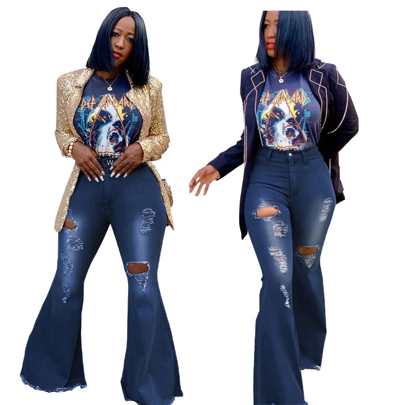 

Factory Hot Sale Wide Leg Trousers High Waist Sexy Summer Washed Hole Denim Elasticity Stretch Flared Pants Women's Jeans, Shown