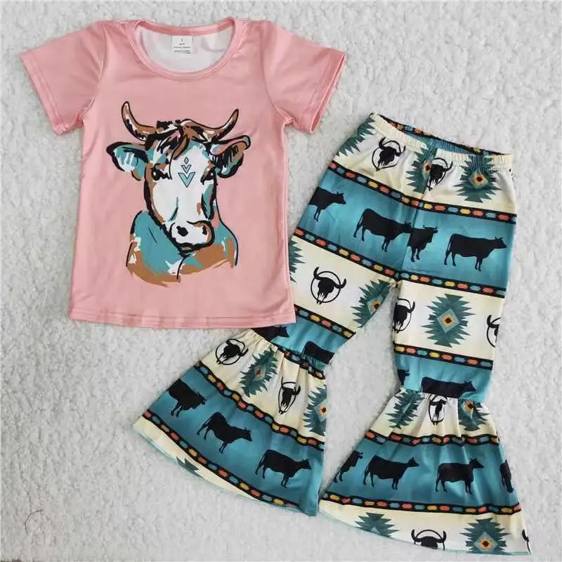 

2021 western cow print bell bottom pants kids clothing sets girl clothes boutique