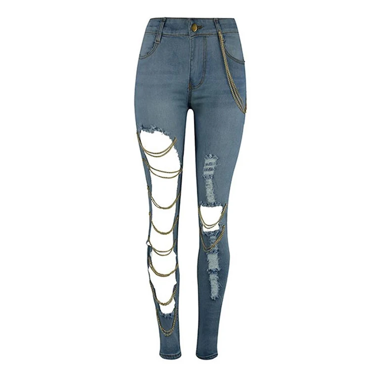 

Wholesale Fashion Street Large Hole Denim Cotton Stretch Ripped Jeans Women With Chains