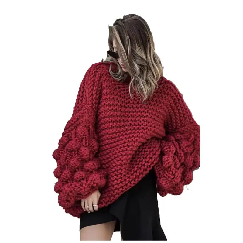 

2021 New fashion Lantern Sleeve Autumn Hand Knitted Casual Women Ladies Sweaters and Pullovers