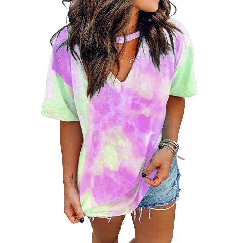 

Fashion Tie Dye Hollow Out V-Neck Short Sleeve T-Shirt Tee Tops For Women 2020