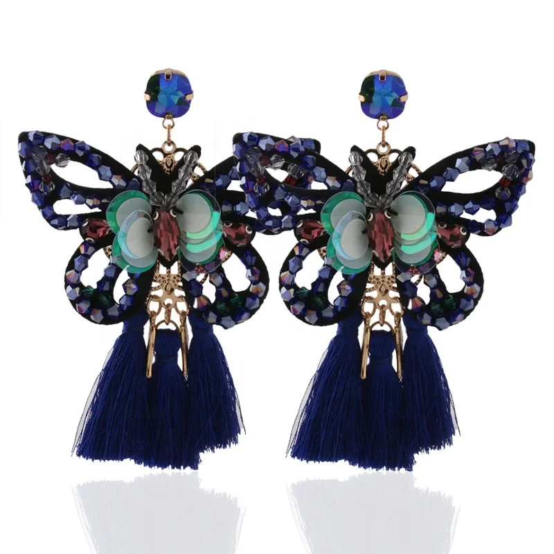 

NeeFu WoFu butterfly earringsNew women's fashion Handmade big earrings crystal charm long earrings handmade tassel pendant, Black