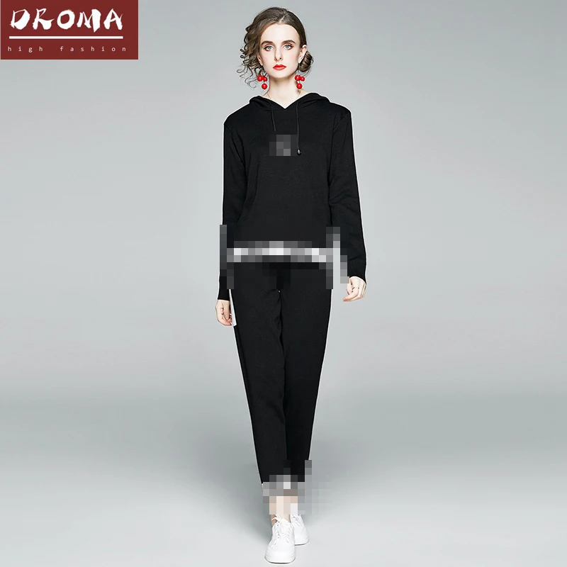 

Droma in stock best selling black fashion casual knitted hoodie with long pants custom elegant women 2021 fall 2 piece set, Picture color
