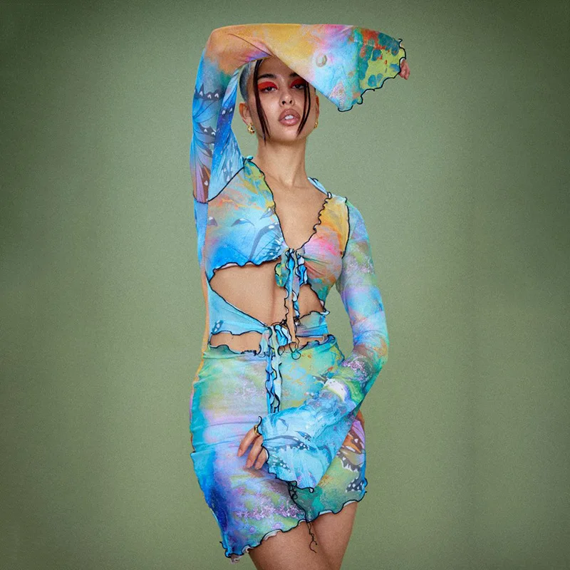 

H6674 - women fashion bodycon mesh printed long sleeve mini dress