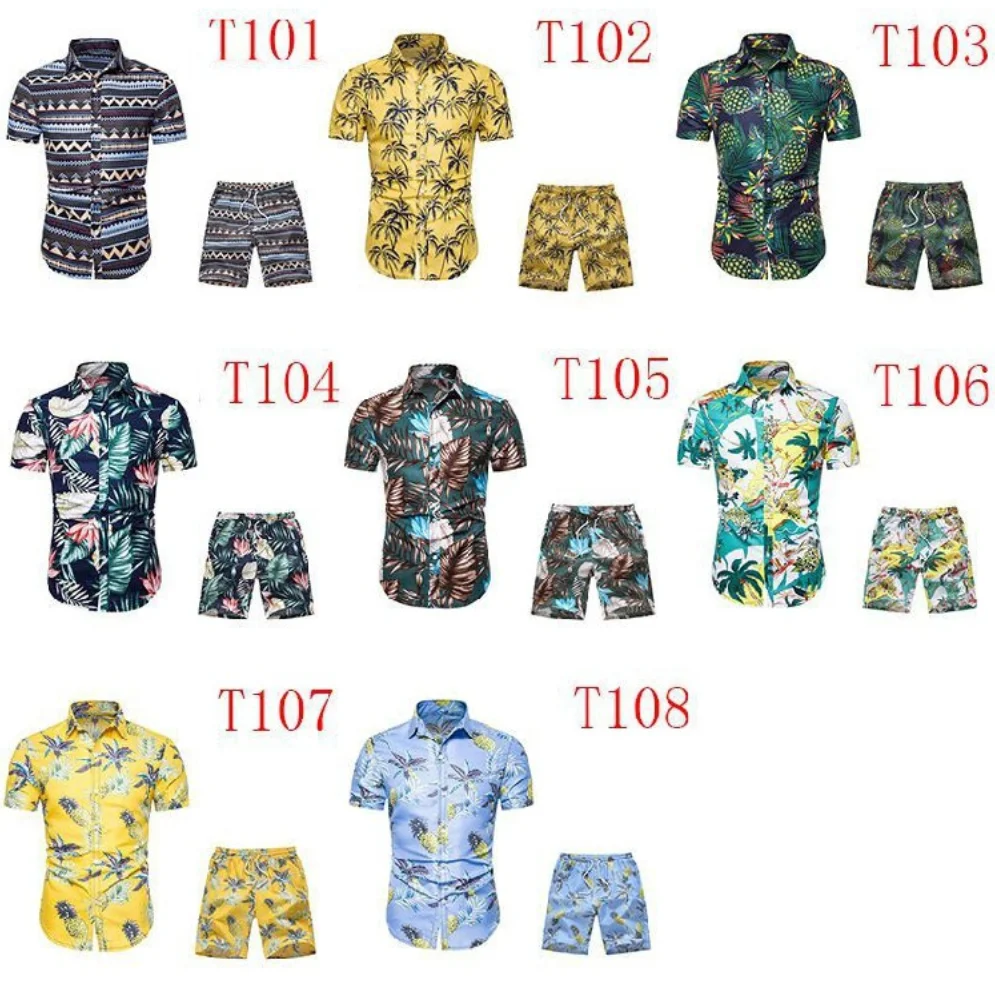 

direct factory wholesale Oversized top casual print beach summer Hawaiian Polyester men's shirt suit, 8 colors