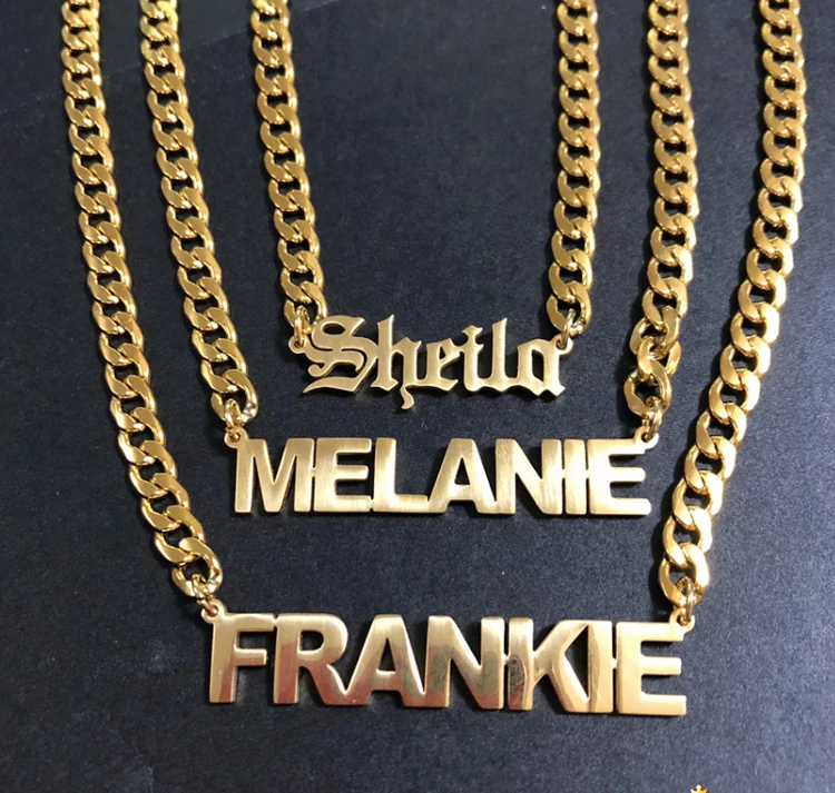 

Stainless Steel Gold Silver Personalized Custom Nameplate Letter Cuban Chain Necklaces For Women Jewelry Set