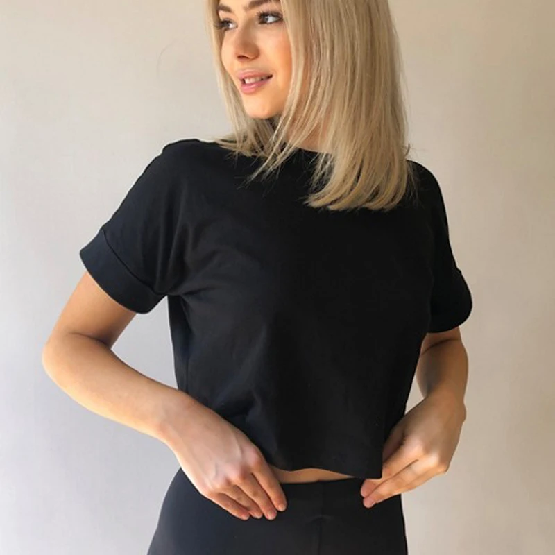 

Yanlu Manufacturer Hot Sales Black Plain Tshirt Crop Top Rolled Sleeve Women Custom Tshirt