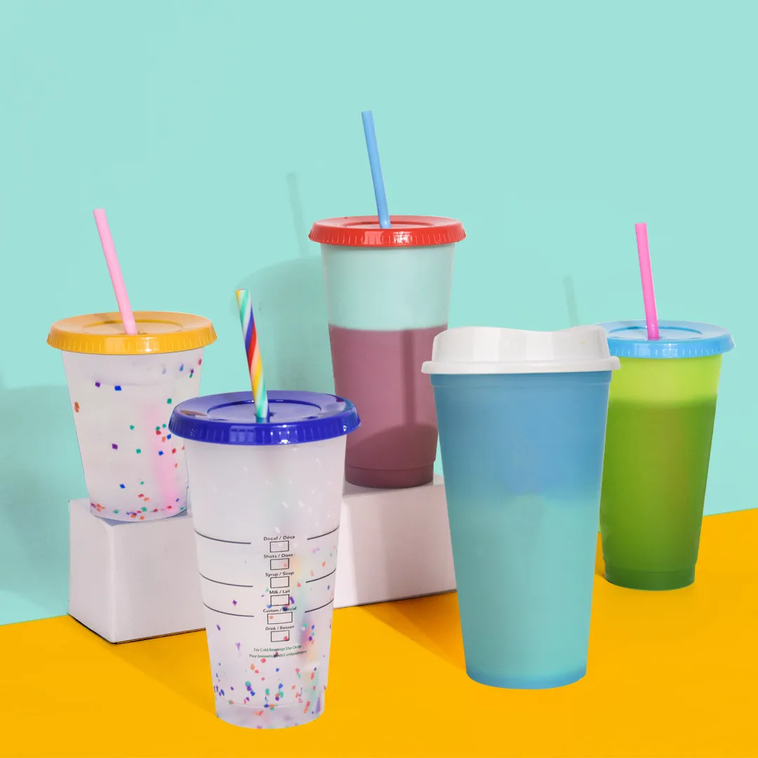

Amazon hot selling custom plastic marble swirl cold color changing cup 16oz/24oz confetti for party with lid and straw