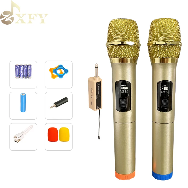 

VHF microphone with usb receiver wireless dual microphone with led display for party, Pale gold or oem