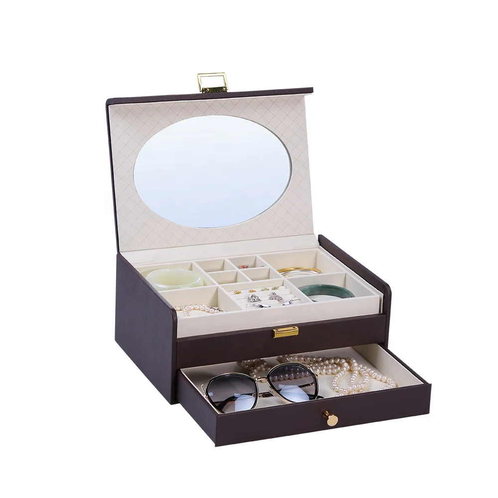 

2021 Popular double layer leather jewellery eyewear collection storage box, jewelry box with mirror for decoration