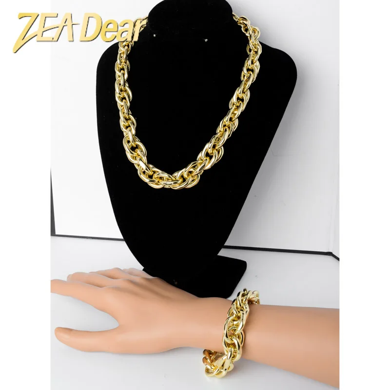 

Bridal jewelry set big bracelet and necklace for women party, Gold color